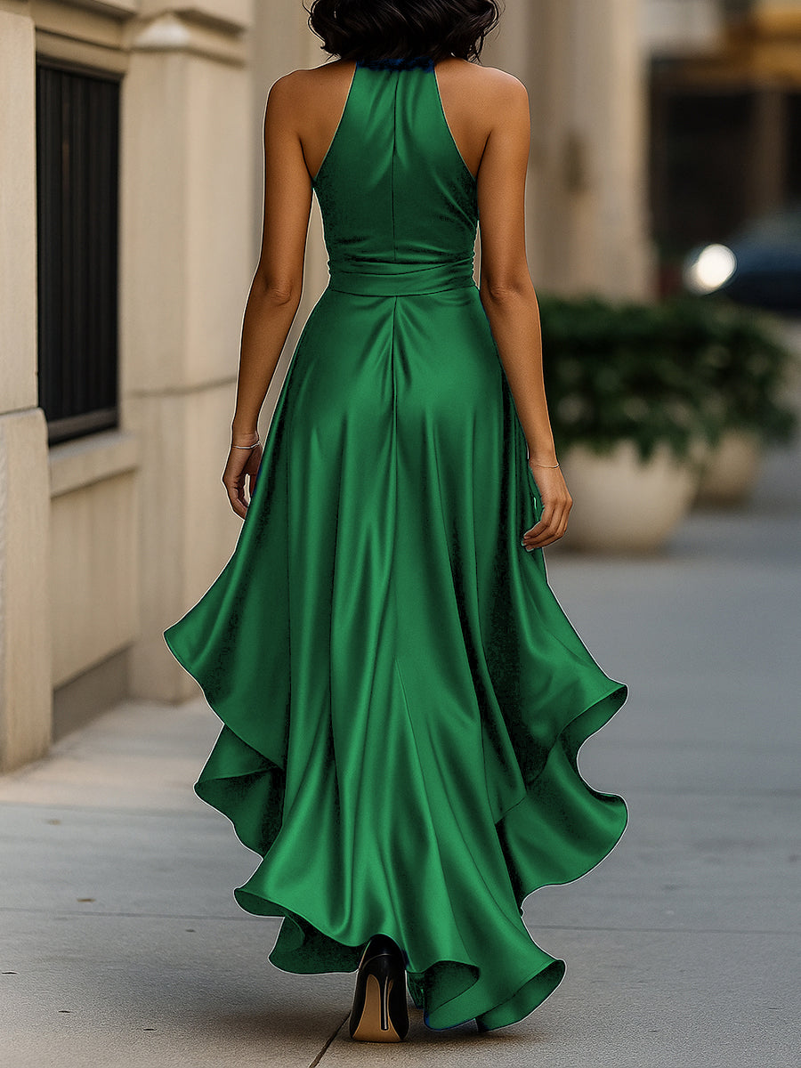 Gloria | Vestido Largo de Satén con Escote Halter y Volantes