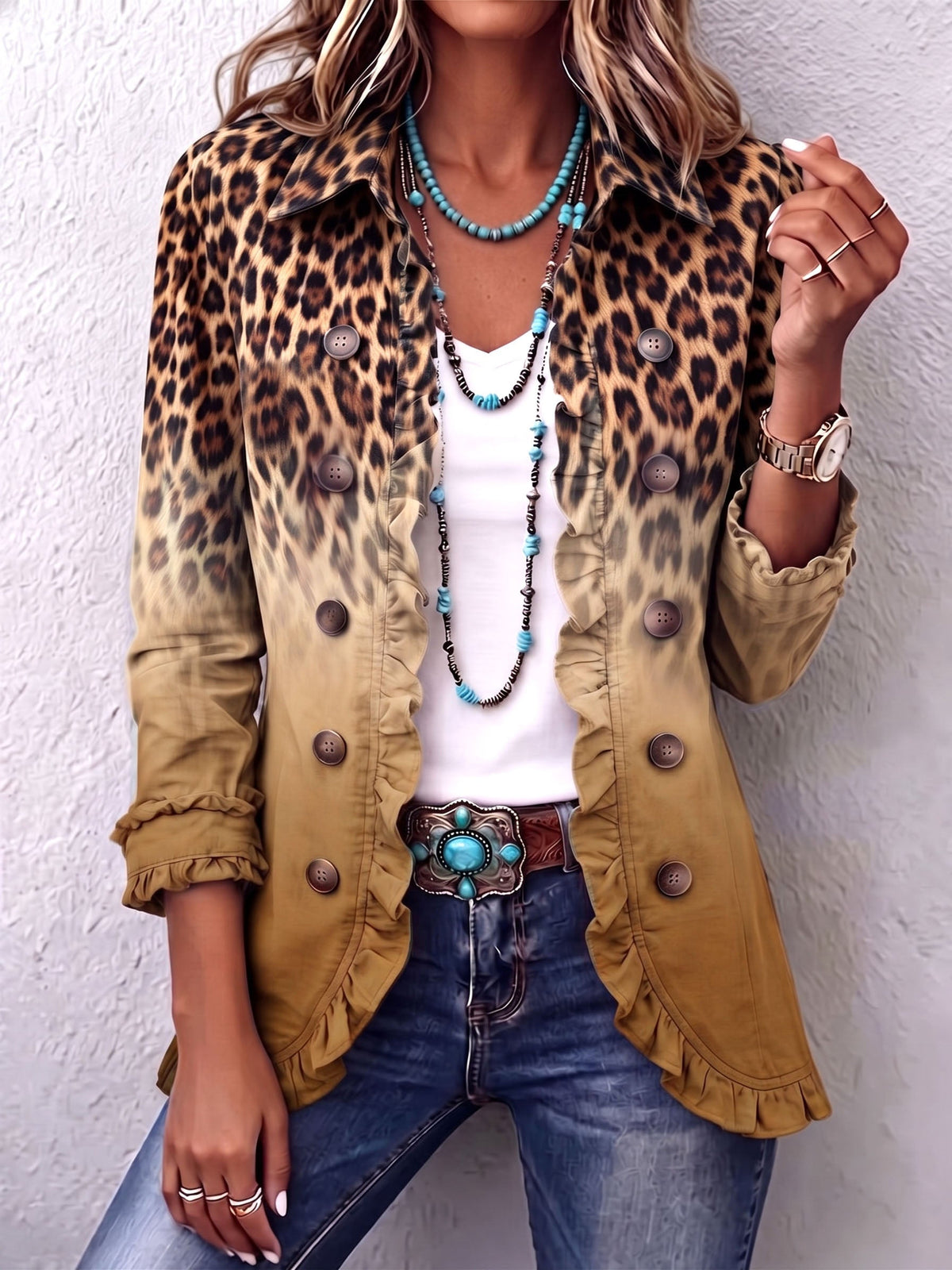 Blazer de Leopardo Ocre con Volantes