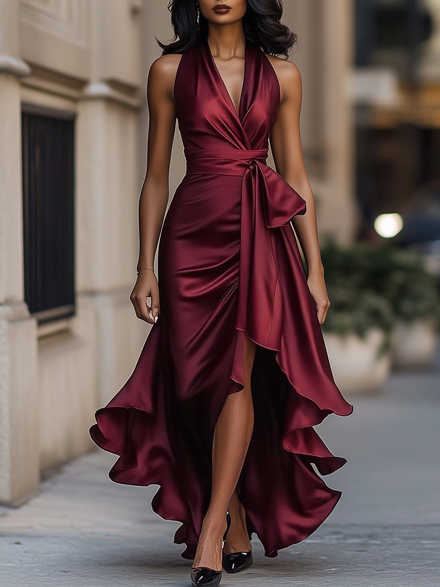 Gloria | Vestido Largo de Satén con Escote Halter y Volantes
