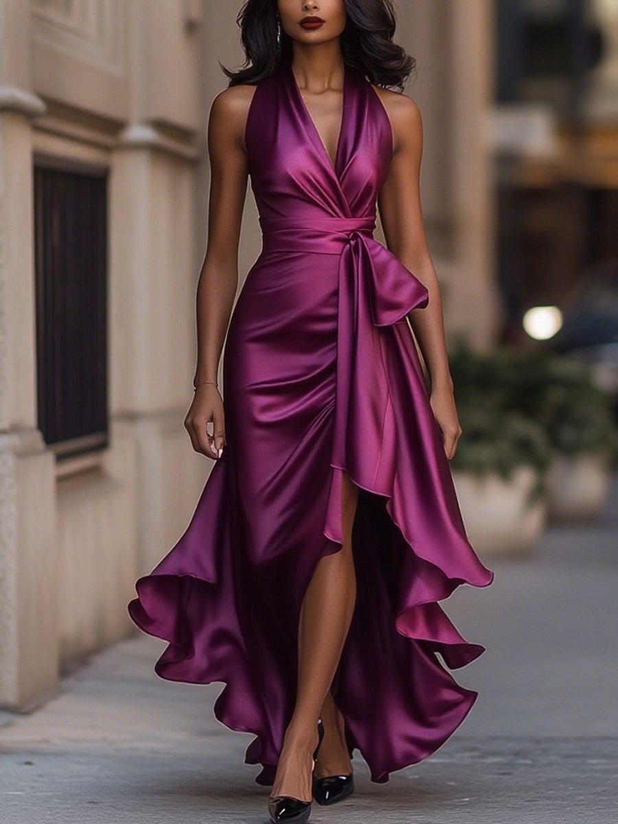 Gloria | Vestido Largo de Satén con Escote Halter y Volantes