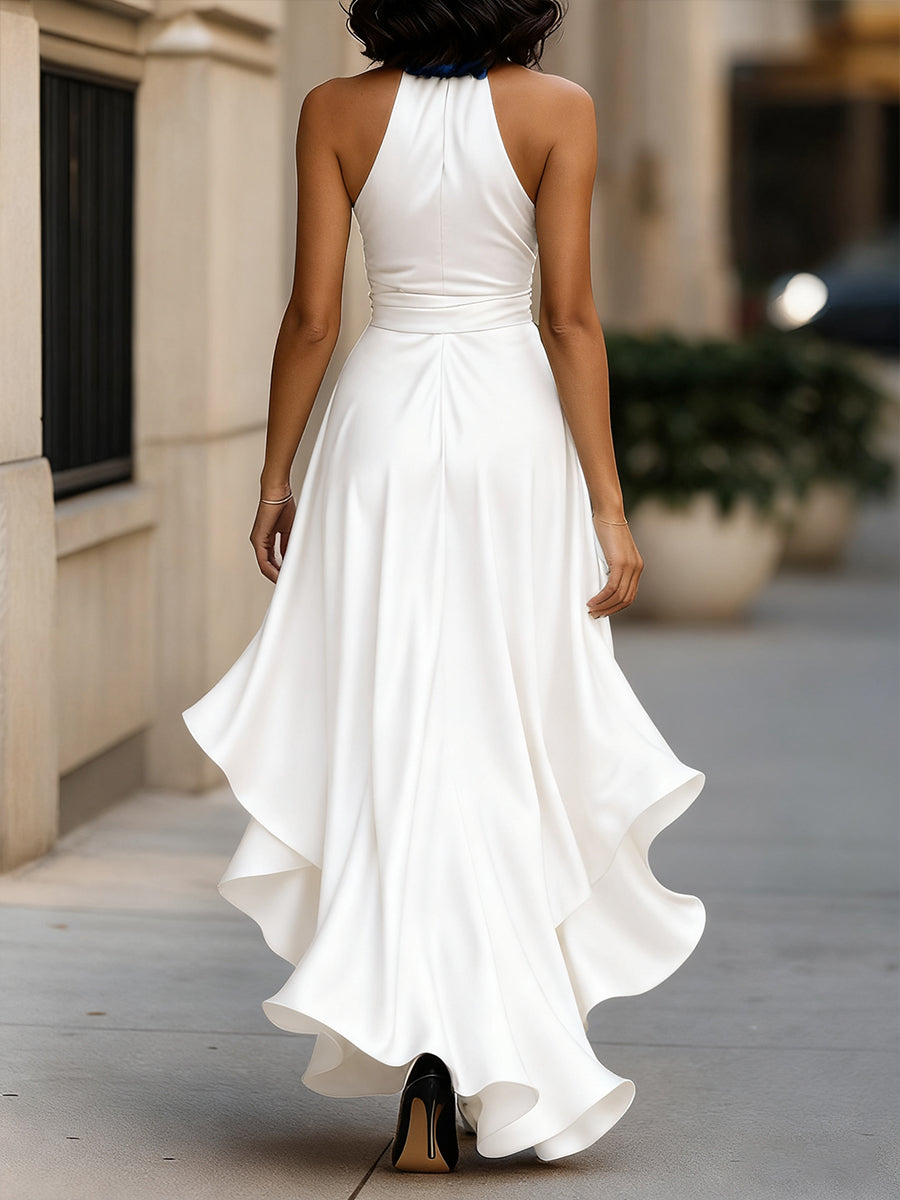 Gloria | Vestido Largo de Satén con Escote Halter y Volantes