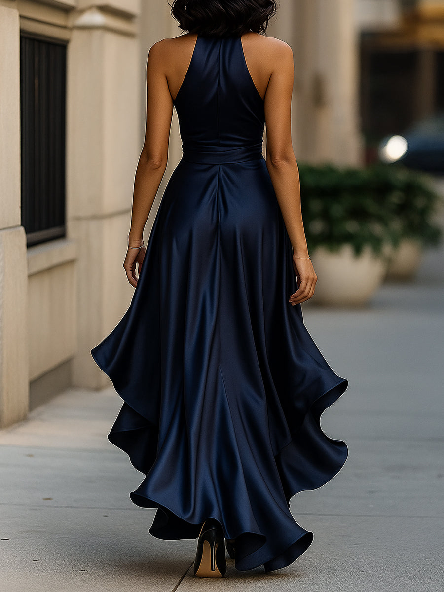 Gloria | Vestido Largo de Satén con Escote Halter y Volantes