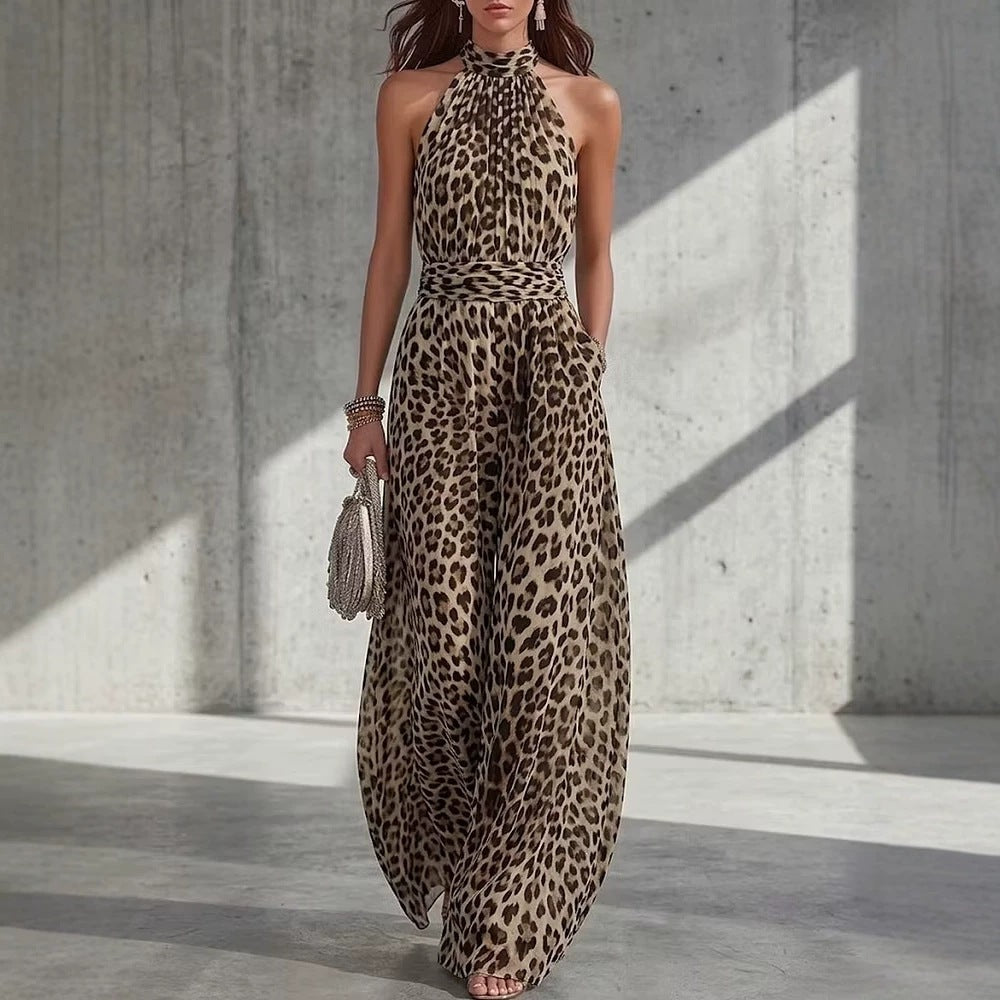 Mono Largo Animal Print Leopardo con Cuello Halter