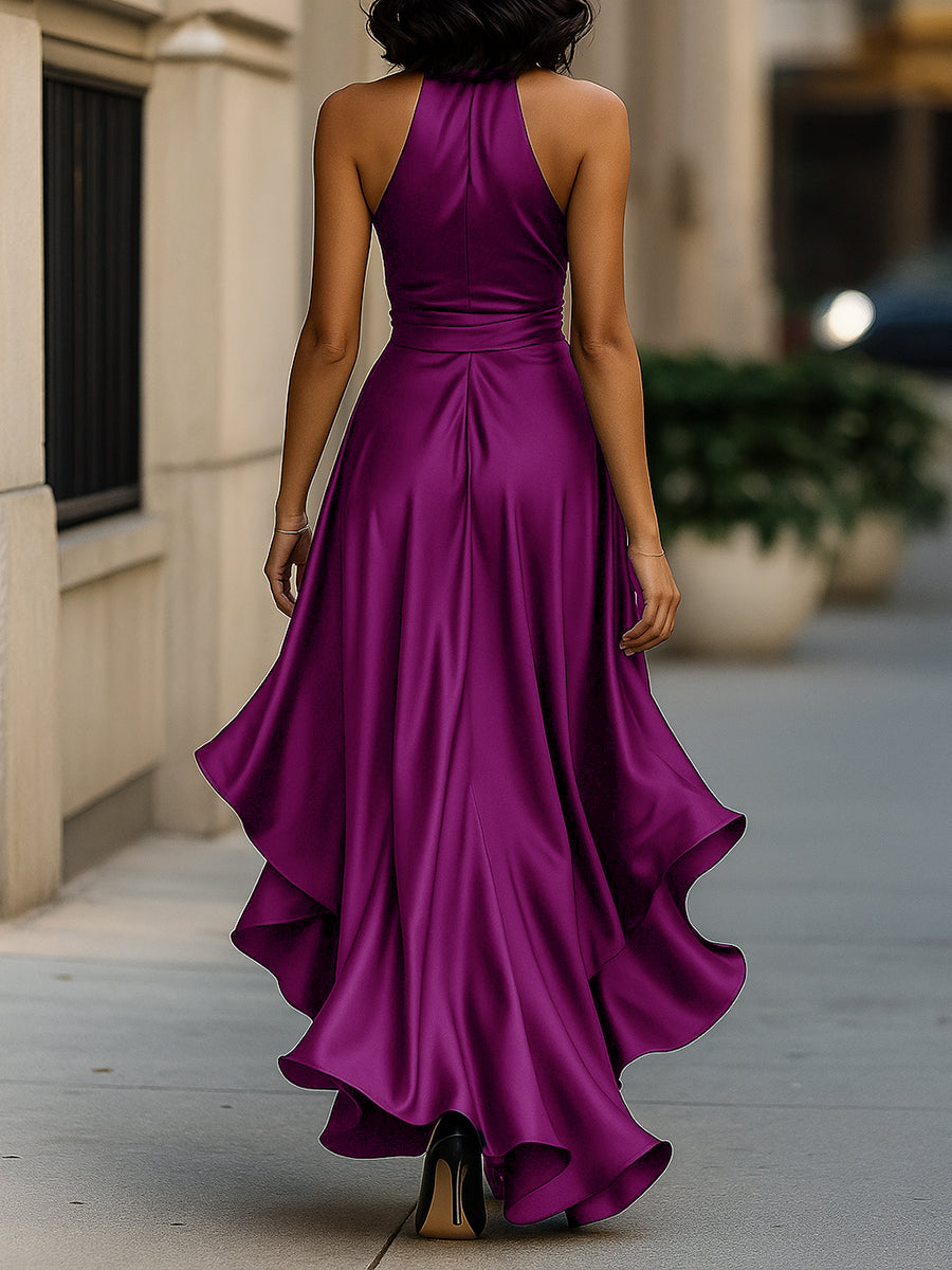 Gloria | Vestido Largo de Satén con Escote Halter y Volantes