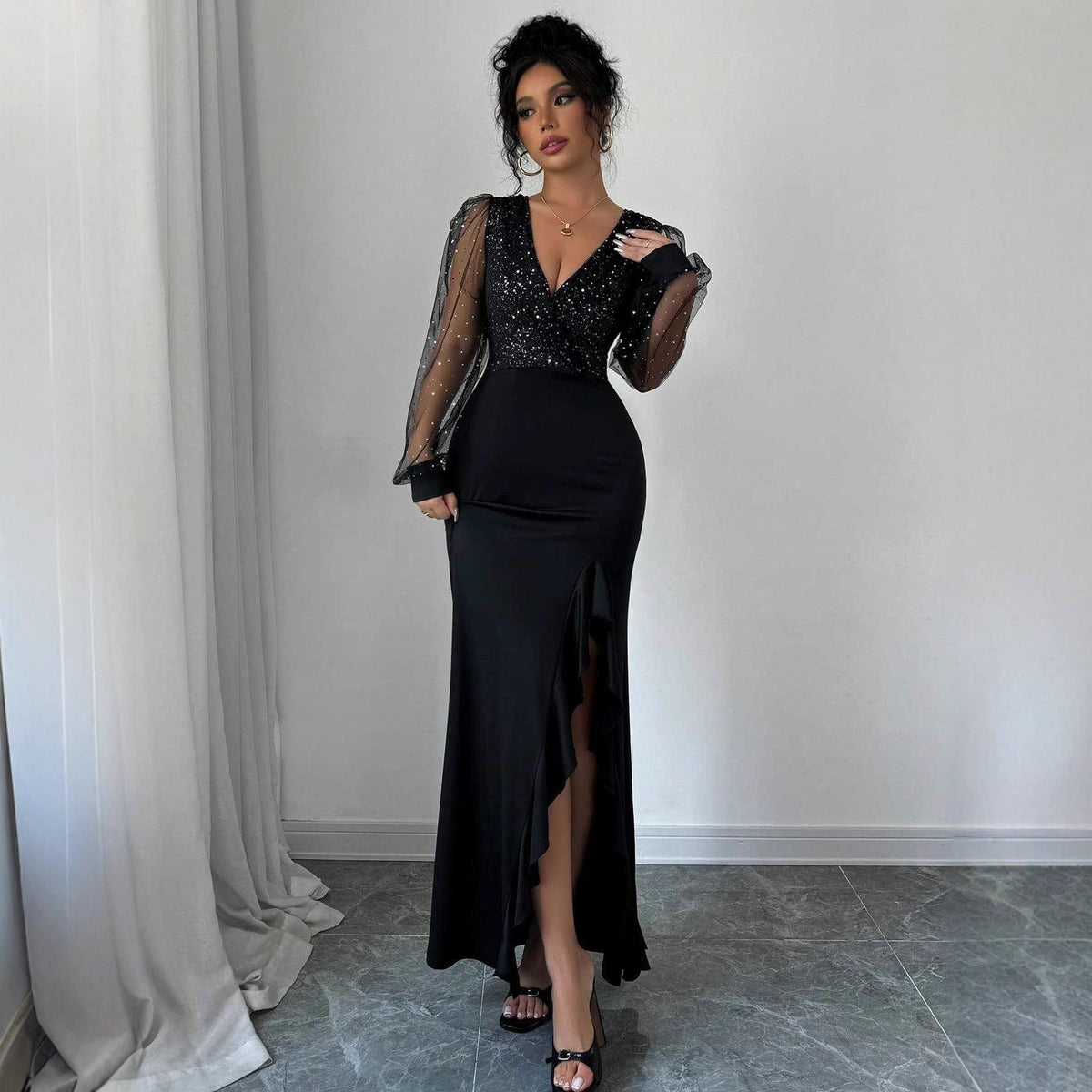 Vestido Largo de Noche con Lentejuelas y Escote en V