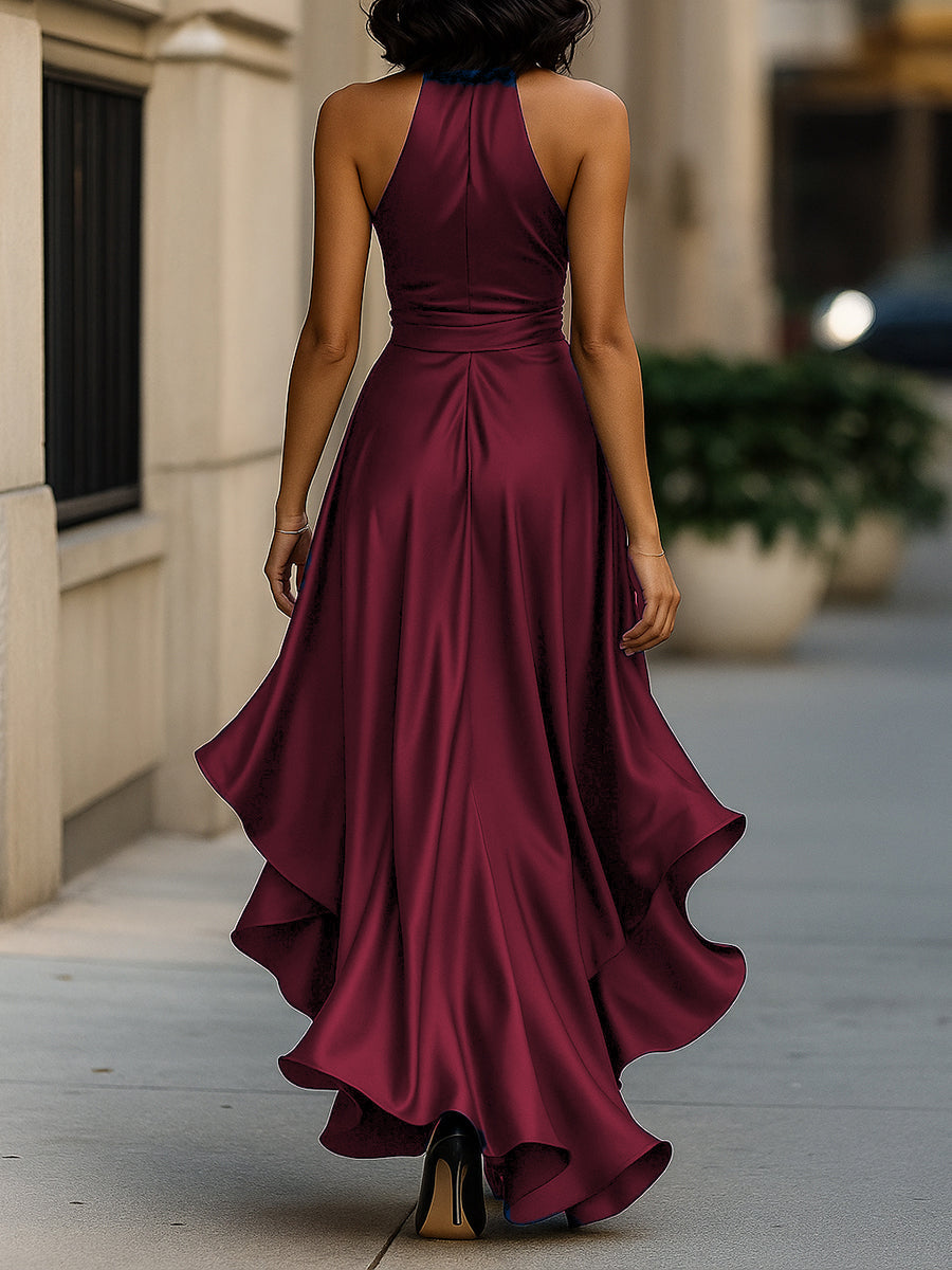 Gloria | Vestido Largo de Satén con Escote Halter y Volantes
