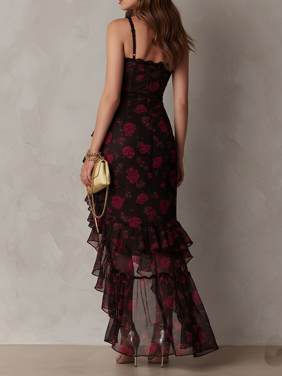 Vestido Chic Negro y Rojo con Flores y Volantes en el Bajo