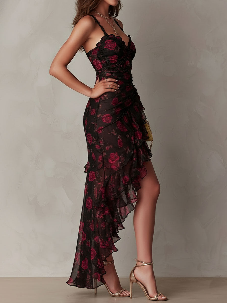 Vestido Chic Negro y Rojo con Flores y Volantes en el Bajo