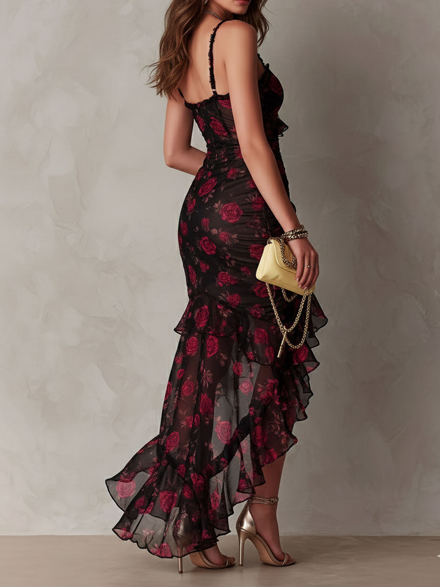 Vestido Chic Negro y Rojo con Flores y Volantes en el Bajo