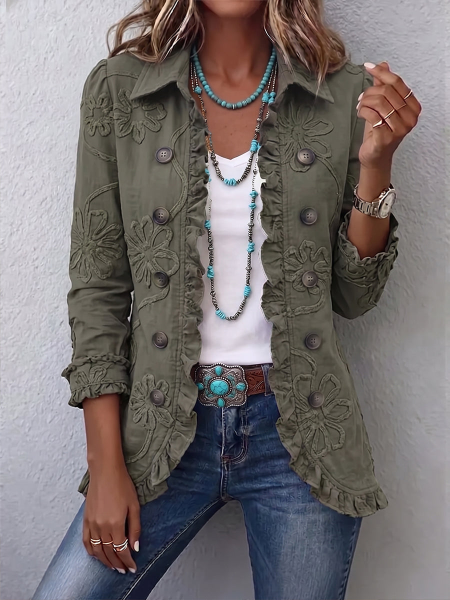 Asunción - Chaqueta bordada verde retro con volantes, vista trasera